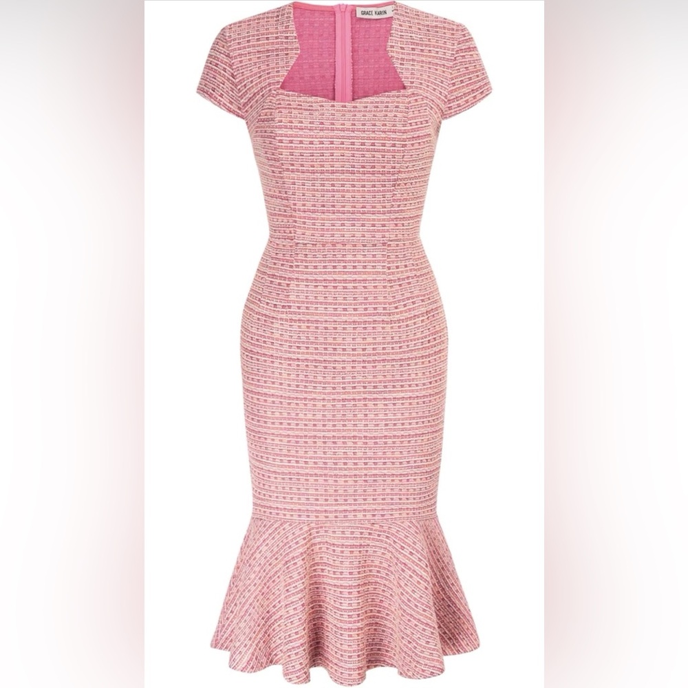 Grace Karin Pink Tweed Midi Sheath Dress with Flounce Hem
